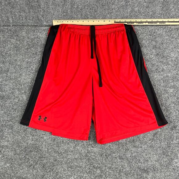 Under Armour Shorts Mens Size L Red Black Loose Fit Athletic Gym Drawstring - Picture 1 of 8